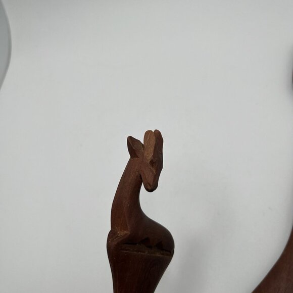 Vintage MCM Wooden Hand Carved Serving Salad Utensils African Lion Gazelle - Picture 9 of 9